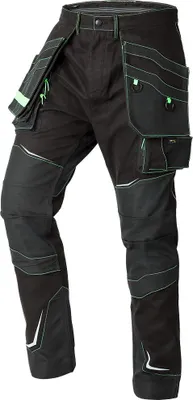 A pair of black work pants with green accents and multiple pockets, shown against a white background.