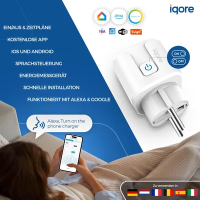 Produktbild von 8x iqore Intelligente WiFi WLAN Steckdose mit Strommessung und Sprachsteuerung, Timer, SmartLife App, Mini Smart Plug, Alexa & Google