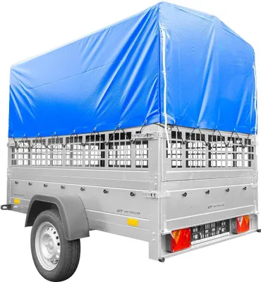 Zdjęcie produktu dla Przyczepka jednoosiowa na resorach 200x125 UNITRAILER GARDEN 201/R KIPP z burtami siatkowymi, stelażem H-800 i pokrowcem niebieskim