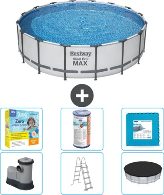 Produktbild von Bestway Round Steel Pro MAX Schwimmbad – 488 x 122 cm – Grau – inklusive Pumpe – Leiter – Abdeckung Wartungspaket - Filter - Bodenfliesen