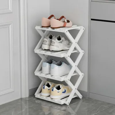 Image de Étagère à chaussures blanche, pliable, 4 niveaux, gain de place, autoportante, dimensions : 26 x 26 cm