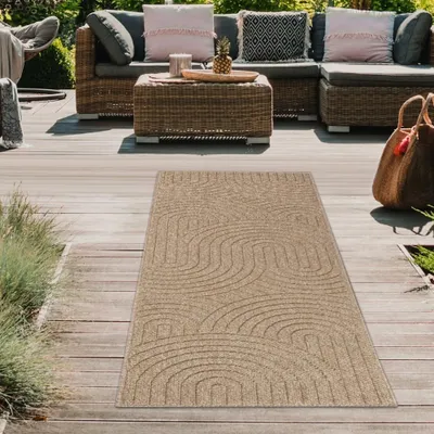 Produktbild von Teppich In- und Outdoor mit Kreislinien-Muster in Beige für moderne Wohn- und Außenbereiche Größe - 80 x 150 cm