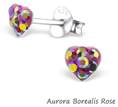 Produktbild von Herz Ohrringe: Kinder Kristall Herz Ohrstecker Silber 925 Aurora Borealis Rose