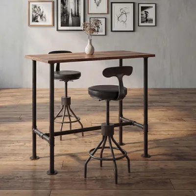 Produktbild von Set Bartisch + 2x Barhocker MCW-N21, höhenverstellbar drehbar Fußablage, Industrial Metall Kunstleder  braun, schwarz