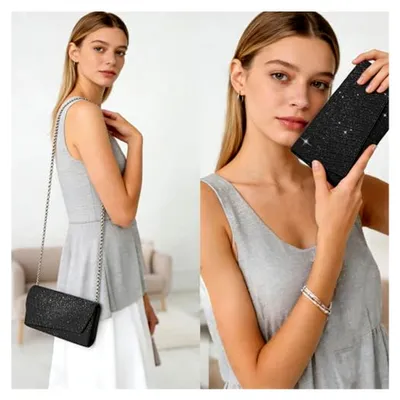 Produktbild von Damen-Clutch in Silber und Schwarz, Abendhandtasche mit Kette, glitzernde Tasche für Ausgehen und Partys, ideales Geschenk für Frauen und Mädchen