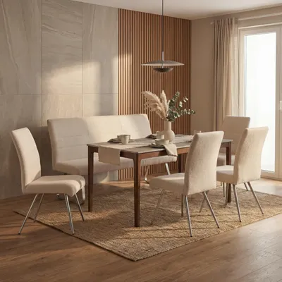 Produktbild von Esszimmer-Set HWC-G55, 4er-Set Stuhl + Sitzbank 160cm, Edelstahl gebürstet Stoff/Textil Chenille  creme