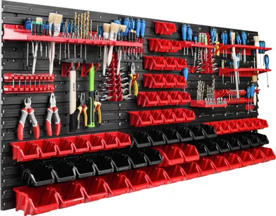 Produktbild von Lagersystem Werkstattregal | 172 x 78 cm | 68 stck. Box | Wandregal mit Werkzeughalterungen und Stapelboxen - Wandplatten Extra Starke Schüttenregal Warkzeuglochwand Lagerregal Garage Regal