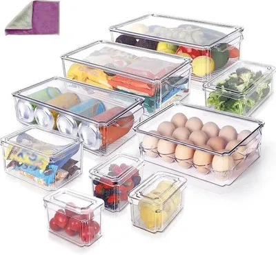 Image de Organisateur de réfrigérateur Unyqoos® 9 pièces, transparent avec couvercles, sans BPA, empilable – contenances : 470/750/1800/3700/6100 ml + boîte à œufs (15 œufs), inclut un chiffon de nettoyage