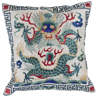 Produktbild von Fine Asianliving Chinesischer Kissenbezug Handbestickt Weißer Drache 45x45cm Ohne Füllung Baumwolle Japanisch Orientalisch Asiatischer Stil