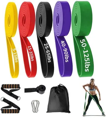 Productafbeelding van Unyqoos® Set weerstandsbanden – 5 weerstandsniveaus (van 5–15 lbs tot 50–125 lbs), 100% natuurlijke latex, inclusief handgrepen, deuropzetstukken en draagtas voor fitness, krachttraining en revalidatie