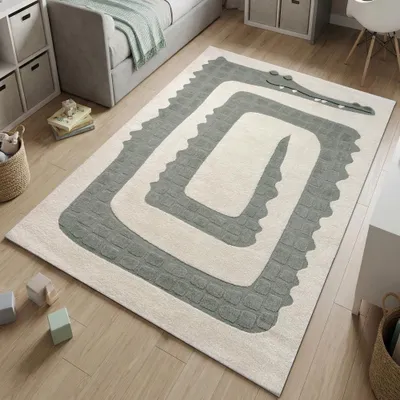 Produktbild von Kinderteppich Krokodil Grün Creme pflegeleicht weich robust Größe - 160 x 230 cm