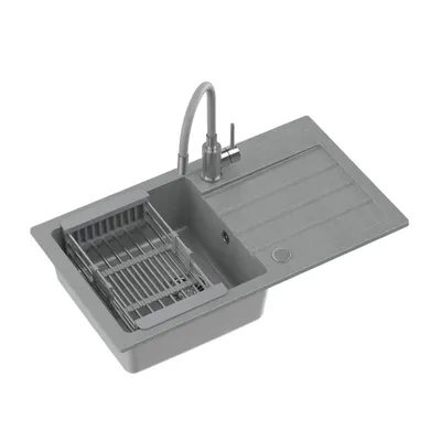 Obrázok produktu pre Kuchynský drez QUADRON JERRY 111 GraniteQ, 77x44x17,5 cm, sivý, kuchynský drez Jednomiestny drez Sada: granitový drez + kuchynská batéria MAGGIE + sifón + krytka