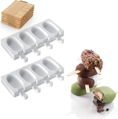 Productafbeelding van GEL01M Siliconen ijsvormpjes MINI CLASSIC - Antiaanbaklaag - 4 holtes - 2 stuks taartvormen + 50 houten stokjes - Easy Ice Cream - 73 x 38 h 18 mm