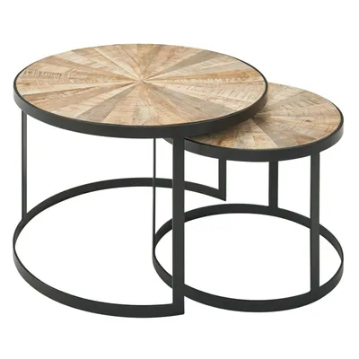 Produktbild von Design Couchtisch 2er Set Mango Massivholz Satztisch Rund, Wohnzimmertisch mit Metallbeine Braun, Tischset 2-teilig Satztisch Holz / Metall Schwarz