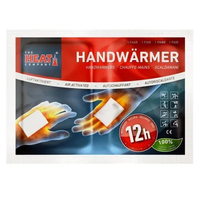 A package of hand warmers with an illustration of hands being warmed.