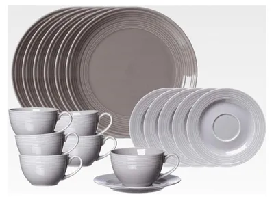 Produktbild von Kaffeeservice für 6 Personen, 18-teilig, Kaffeegeschirr im rustikalen Stil, spülmaschinenfest, Porzellan, Grau