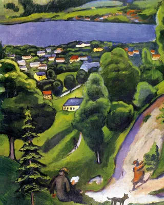 Zdjęcie produktu dla August Macke Art Print Obraz - Krajobraz nad jeziorem Tegernsee z czytającym mężczyzną i psem, szczegół, 1910 (50 x 40 cm)