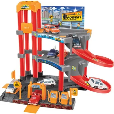Produktbild von Kunststoff Garage für Kinder ab 3 Jahren mit 3 Etagen, 3 Autos, Tankstelle, Aufzug und Schranken, 25x37 cm