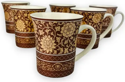 Produktbild von 6er Set Dickwandige Kaffeetassen mit Muster aus Porzellan für 6 Personen Mäander 300.Ml NEU