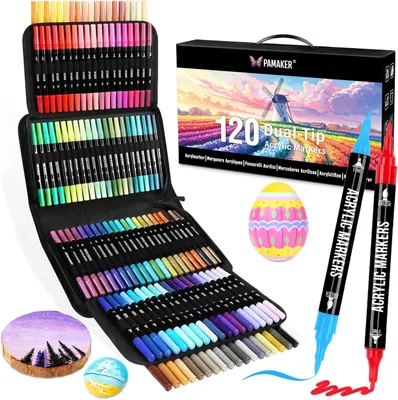 Produktbild von Acrylmalstifte Set 120 Farben, doppelseitige Marker, Aufbewahrungstasche, für Stein und Holz