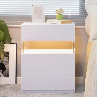 Produktbild von Nachttisch mit LED und 3 Schublade Acrylplatte Nachttische für Schlafzimmer Wohnzimmer Nachttisch Möbel Weiß