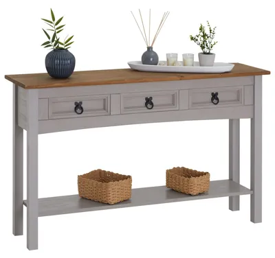 Produktbild von Konsolentisch RAMON im Mexiko Stil, eleganter Beistelltisch aus Kiefer massiv mit 3 Schubladen, 1 praktischer Ablageboden grau/braun lackiert