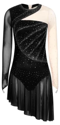Produktbild von Damen Künstlerische Eislaufkleid mit Strass Lange Ärmel Asymmetrisches Tanzoutfit
