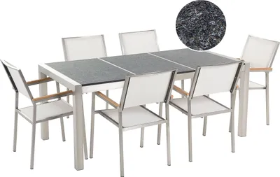 Produktbild von BELIANI Gartenmöbel Set Schwarz Weiß Granit Edelstahl Tisch 180 cm Geflammt 6 Stühle Terrasse Outdoor Modern
