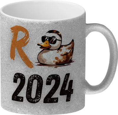 Produktbild von Ente mit Sonnenbrille Glitzer-Kaffeebecher mit Spruch Rente 2024