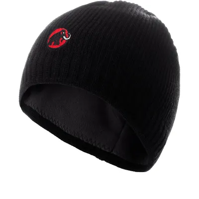 A black knitted beanie with a red and white logo on the front, shown against a white background.