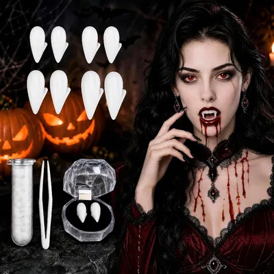 Immagine prodotto di Denti da vampiro - Set da 4 - Kit con 4 diverse misure di denti da vampiro - Denti da vampiro per adulti