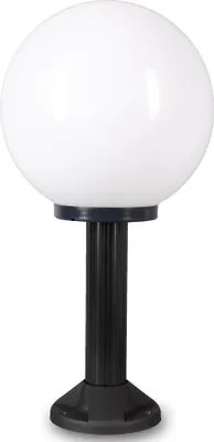 A white globe lamp on a black base and pole, isolated on a white background.