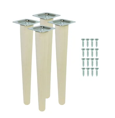 Four wooden furniture legs with metal mounting plates and a set of screws, all on a white background.