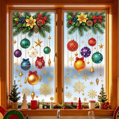 Imagen del producto de Adhesivos para ventanas con forma de adornos navideños, de fijación estática, en varios colores, para decoración de ventanas