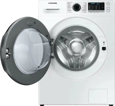 A white Samsung washing machine with the door open, showing the drum.