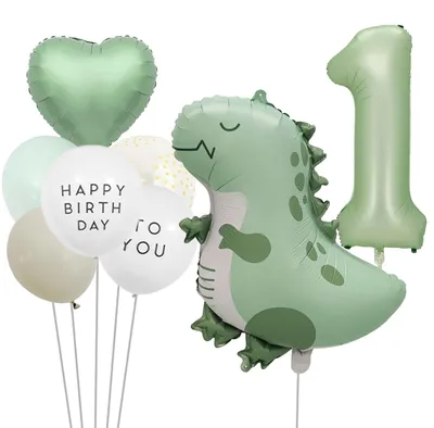 Dino Geburtstagsdeko 1 Jahr, 8-teilig, grün, Folien- und Latexballons