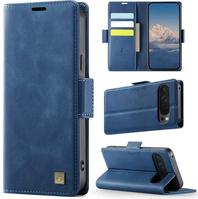 Image de Étui en cuir pour Google Pixel 9 / Pixel 9 Pro, protection RFID, fermeture magnétique, fentes pour cartes et support Bleu