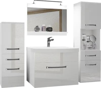 Produktbild von BELINI Badmöbel Vollausstattung Set Waschbeckenschrank, 1x kleiner Schrank, 1xHochschrank, Waschbecken, Spiegel, Lampe (Weiß, Glänzend)