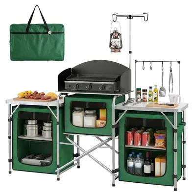 Image de Cuisine de camping - Armoire de camping pliable avec table - Structure en aluminium - Protection contre le vent - Poteau de lampe réglable - Compartiments de rangement - Sac de transport - 172x48x130 cm - Vert