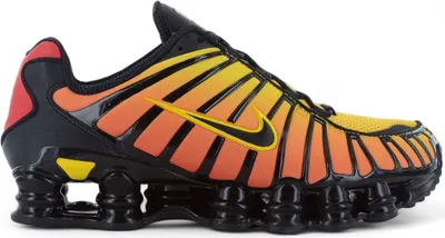 A side view of a Nike Shox TL sneaker with a sunrise gradient color scheme.
