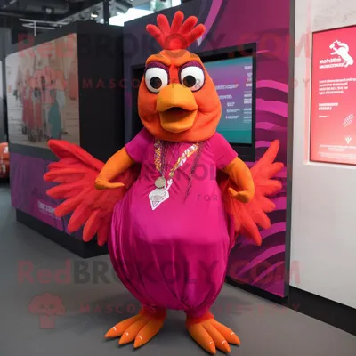 Productafbeelding van Magenta Butter Chicken mascotte REDBROKOLY kostuum karakter gekleed met een wikkeljurk en dasspelden