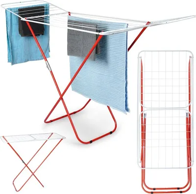 A red and white drying rack with towels draped over it, shown from multiple angles.