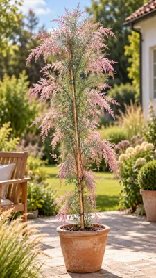 Obrázek produktu pro Tamarix 'Pink Cascade' – letní tamarix, růžové květy, zimuvzdorný okrasný keř pro zahradu, výška cca 200 cm včetně květináče