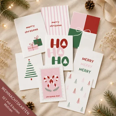 Produktbild von PuK Weihnachtskarten Set | 8 Postkarten DIN A6 | Moderne Weihnachtskarten schlicht & elegant | 8 verschiedene Weihnachtsmotive | Weihnachtsgrüße