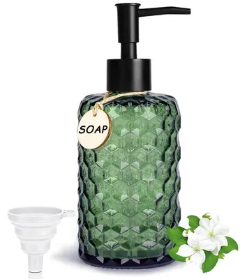 Obrázek produktu pro Skleněný dávkovač mýdla o objemu 500 ml, zelený, s včelím vzorem, s dřevěnou etiketou a trychtýřem