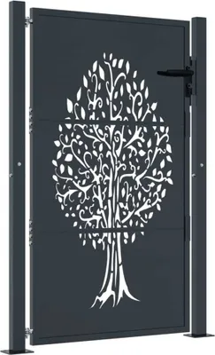 A dark gray metal garden gate with a white tree design cut out of it, standing between two posts.
