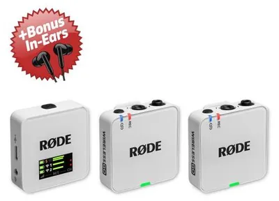 Zdjęcie produktu dla System mikrofonów bezprzewodowych Rode Wireless GO Gen 3 w kolorze białym + słuchawki douszne w prezencie