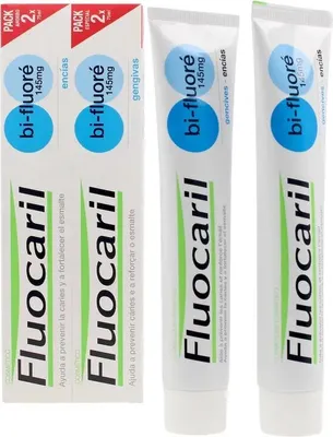 Obrázek produktu pro Fluocaril Bi-Fluoré 145 mg zubní pasta proti zubnímu kazu posiluje sklovinu, silné zuby, klinicky prokázaná účinnost, zabraňuje vzniku a udržuje zdravé dásně balení 2x75 ml