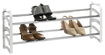 Produktbild von Schuhregal TOWER ausziehbar weiß - Schuhablage mit 2 Ebenen aus Metall, stapelbare Schuhaufbewahrung platzsparend, schuhorganizer Flur