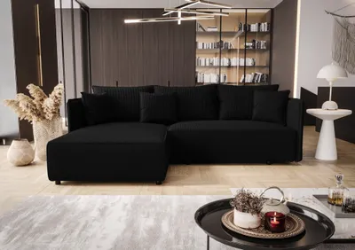 Produktbild von Ecksofa Schlafsofa EVORA Stoff Poso Schwarz Ottomane Links